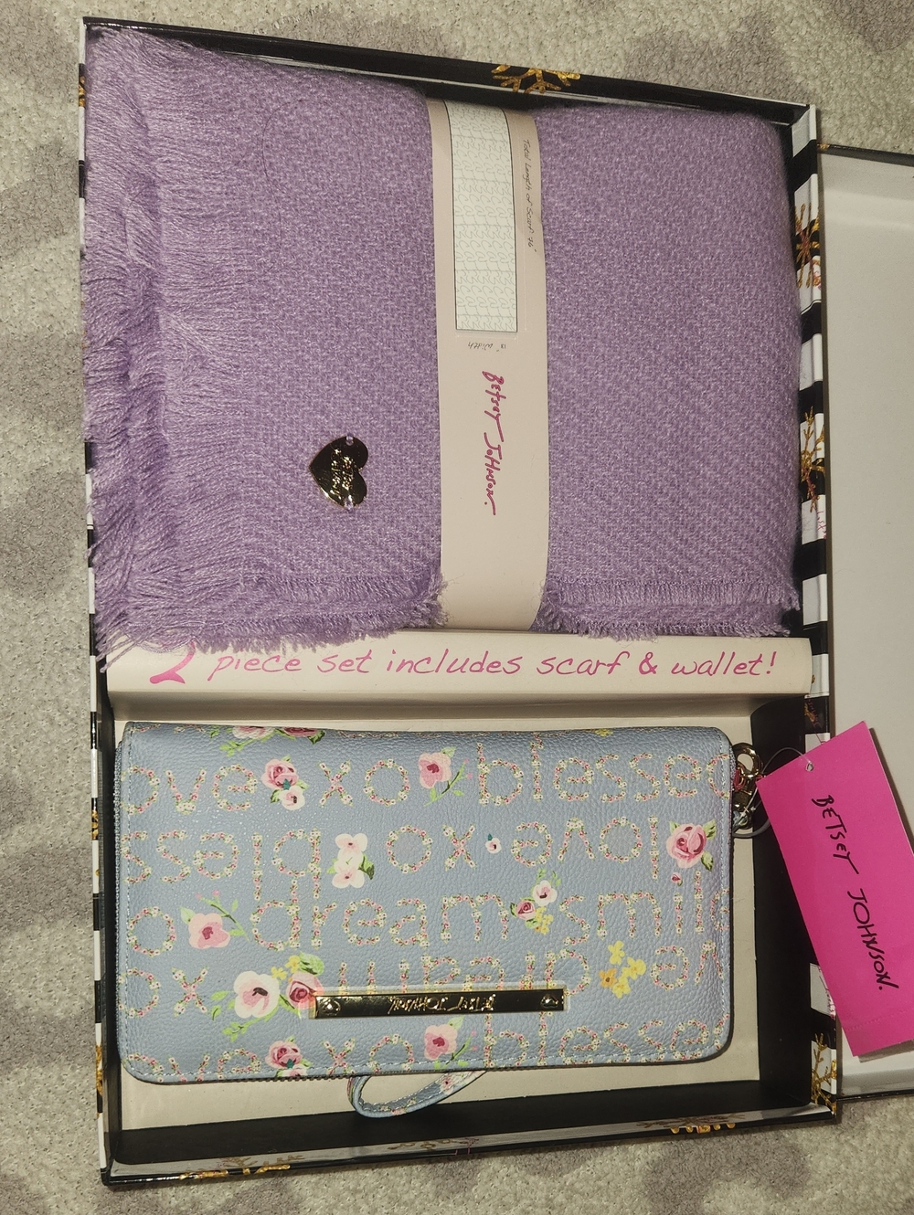 Betsey Johnson Lavender Scarf and Pastel Blue Floral Zip Wallet Set